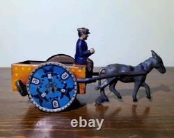 Antique Rare Lehmann Marke Wind Up Man WithCart & Donkey Litho Tin Toy #680 Parts