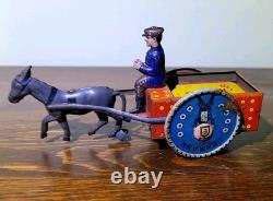 Antique Rare Lehmann Marke Wind Up Man WithCart & Donkey Litho Tin Toy #680 Parts