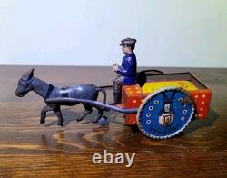 Antique Rare Lehmann Marke Wind Up Man WithCart & Donkey Litho Tin Toy #680 Parts