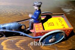 Antique Rare Lehmann Marke Wind Up Man WithCart & Donkey Litho Tin Toy #680 Parts