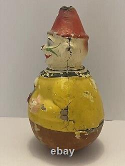 Antique Schoenhut German Paper Mache Roly Poly Toy Clown 8 Tall Early 1900's