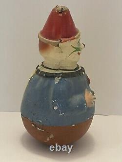 Antique Schoenhut German Paper Mache Roly Poly Toy Clown 8 Tall Early 1900's