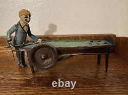 Antique Tin Windup Mechanical Billiard Pool Player Toy VERY RARE Watch Video