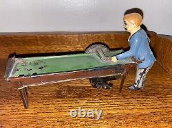 Antique Tin Windup Mechanical Billiard Pool Player Toy VERY RARE Watch Video