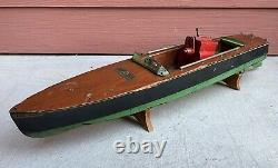 Antique Vintage LARGE Rimmer Jacrim Wind Up Toy Wooden Speed Boat