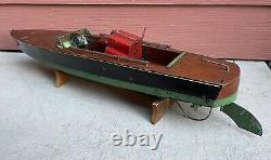 Antique Vintage LARGE Rimmer Jacrim Wind Up Toy Wooden Speed Boat
