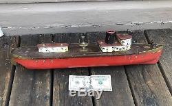 Antique Vintage Liberty Playthings Wood & Metal Wind Up Clockwork Fire Tug Boat