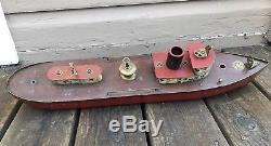 Antique Vintage Liberty Playthings Wood & Metal Wind Up Clockwork Fire Tug Boat