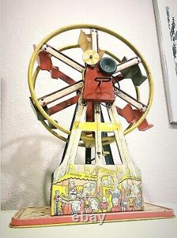 Antique Vintage Ohio Arts Tin Litho Ferris Wheel with Key! Works Wonderfully