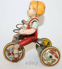 Antique Vintage Tin Litho Windup Toy Unique Art MFG Kiddie Cyclist on Tricycle