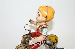 Antique Vintage Tin Litho Windup Toy Unique Art MFG Kiddie Cyclist on Tricycle