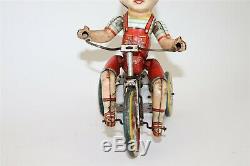 Antique Vintage Tin Litho Windup Toy Unique Art MFG Kiddie Cyclist on Tricycle