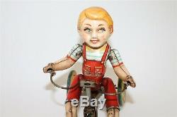 Antique Vintage Tin Litho Windup Toy Unique Art MFG Kiddie Cyclist on Tricycle