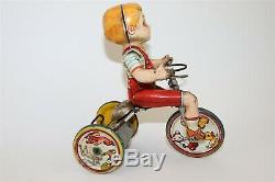 Antique Vintage Tin Litho Windup Toy Unique Art MFG Kiddie Cyclist on Tricycle