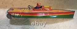 Antique Wind Up Lindstrom Toy Speed Boat 14'' Long Still Works Original Litho