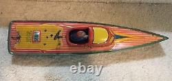 Antique Wind Up Lindstrom Toy Speed Boat 14'' Long Still Works Original Litho