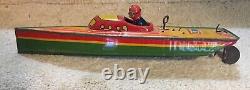 Antique Wind Up Lindstrom Toy Speed Boat 14'' Long Still Works Original Litho