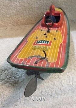 Antique Wind Up Lindstrom Toy Speed Boat 14'' Long Still Works Original Litho