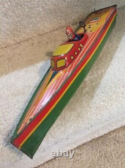 Antique Wind Up Lindstrom Toy Speed Boat 14'' Long Still Works Original Litho