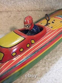 Antique Wind Up Lindstrom Toy Speed Boat 14'' Long Still Works Original Litho