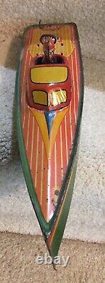 Antique Wind Up Lindstrom Toy Speed Boat 14'' Long Still Works Original Litho