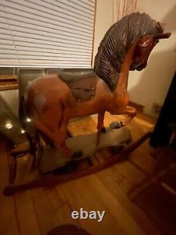 Antique Wood Rocking Horse on Removable Wheeled Platform Wooden Pull Toy Horse