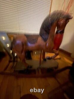 Antique Wood Rocking Horse on Removable Wheeled Platform Wooden Pull Toy Horse