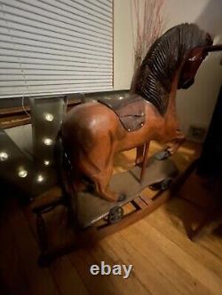 Antique Wood Rocking Horse on Removable Wheeled Platform Wooden Pull Toy Horse