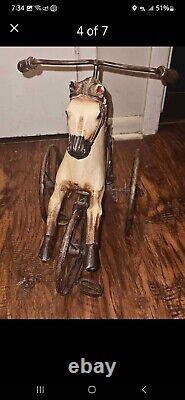 Antique Wooden & Wrought Iron Hand Carved Horse Tricycle