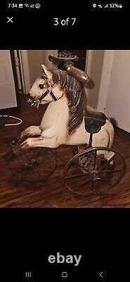 Antique Wooden & Wrought Iron Hand Carved Horse Tricycle