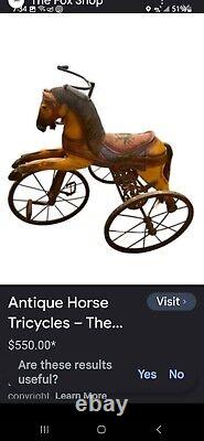 Antique Wooden & Wrought Iron Hand Carved Horse Tricycle