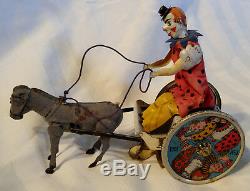 Antique c1910 Lehmann German Wind-Up Clown in Cart with Mule Mechanical Tin Toy