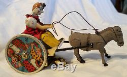 Antique c1910 Lehmann German Wind-Up Clown in Cart with Mule Mechanical Tin Toy