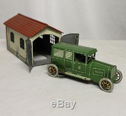 Antique tin wind-up Sedan Toy Car & Garage Lehmann Germany