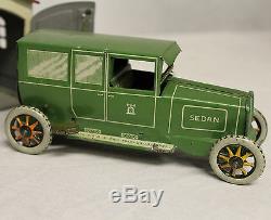Antique tin wind-up Sedan Toy Car & Garage Lehmann Germany