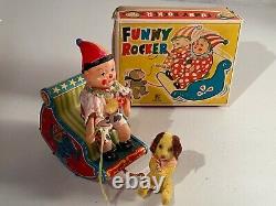 Bandai Japan Tin Celluloid Windup Funny Rocker Circus Clown Dog Toy in Orig Box