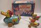 Big Antique Tin W Up Toy Mother Duck 2 Ducklings w Box & Key 13 Wyandotte 1930s
