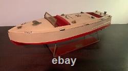 Classic 1930's Lionel-craft Wind Up Speed Boat Toy With Original Display Stand