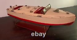 Classic 1930's Lionel-craft Wind Up Speed Boat Toy With Original Display Stand