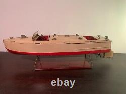 Classic 1930's Lionel-craft Wind Up Speed Boat Toy With Original Display Stand