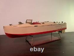 Classic 1930's Lionel-craft Wind Up Speed Boat Toy With Original Display Stand