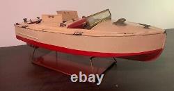 Classic 1930's Lionel-craft Wind Up Speed Boat Toy With Original Display Stand