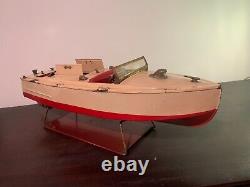 Classic 1930's Lionel-craft Wind Up Speed Boat Toy With Original Display Stand