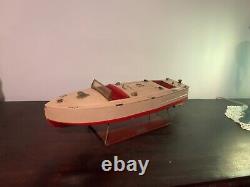 Classic 1930's Lionel-craft Wind Up Speed Boat Toy With Original Display Stand