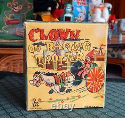 Clown On Racing Trotter 1950's Tin Wind Up Toy Boxed Mikuni Japan Rare
