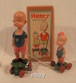 Comic Character Henry & His Brother Celluloid Windup Toy Japan With Box, Sticker