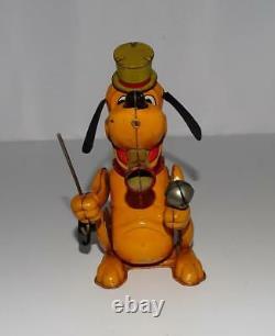DISNEY 1950's PLUTO THE DRUM MAJOR LITHOGRAPHED TIN WINDUP TOY+LOUD HORN+EX