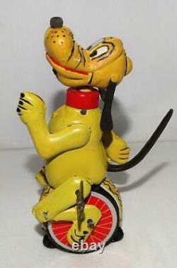 DISNEY 1950's PLUTO TIN LITHOGRAPHED UNICYCLIST LINEMAR WIND-UP TOY+LABEL