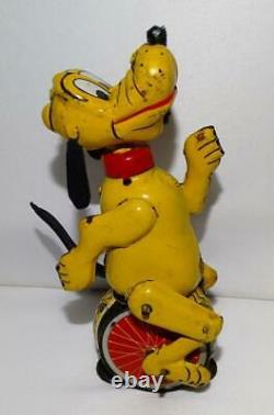 DISNEY 1950's PLUTO TIN LITHOGRAPHED UNICYCLIST LINEMAR WIND-UP TOY+LABEL