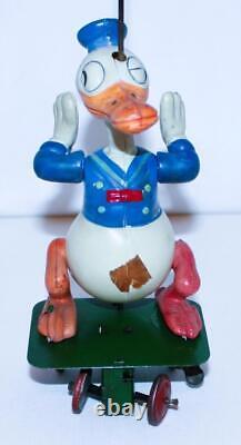 EX! DISNEY 1930s CELLULOID DONALD DUCK CAROUSEL ON TIN WIND-UP CART-24 BALL VERS